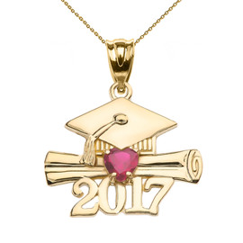 Yellow Gold Heart July Birthstone Red CZ Class of 2017 Graduation Pendant Necklace