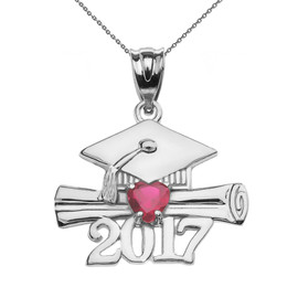 Sterling Silver Heart July Birthstone Red CZ Class of 2017 Graduation Pendant Necklace