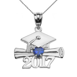 White Gold Heart September Birthstone Blue CZ Class of 2017 Graduation Pendant Necklace