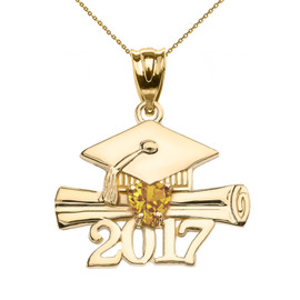 Yellow Gold Heart November Birthstone Yellow CZ Class of 2017 Graduation Pendant Necklace