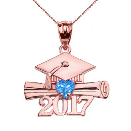 Rose Gold Heart December Birthstone Light Blue Class of 2017 Graduation Pendant Necklace