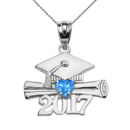 Sterling Silver Heart December Birthstone Light Blue CZ Class of 2017 Graduation Pendant Necklace