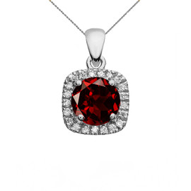 Halo Diamond and Genuine Garnet Dainty White Gold Pendant Necklace