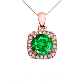 Halo Diamond and May Birthstone Dainty Rose Gold Pendant Necklace