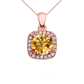 Halo Diamond and Citrine Dainty Rose Gold Pendant Necklace
