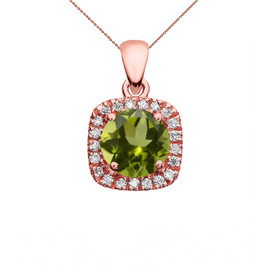 Halo Diamond and Peridot Dainty Rose Gold Pendant Necklace