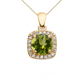 Halo Diamond and Peridot Dainty Yellow Gold Pendant Necklace