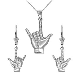 Sterling Silver I Love You Sign Necklace Earring Set