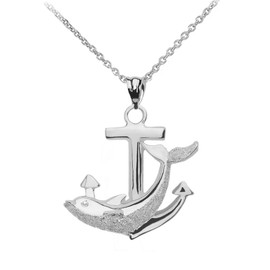 White Gold Anchor Textured Dolphin Pendant Necklace