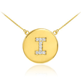 Letter "I" disc necklace with diamonds in 14k yellow gold.