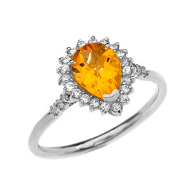 Diamond and Pear Shape Checkerboard Citrine White Gold Proposal Engagement Ring