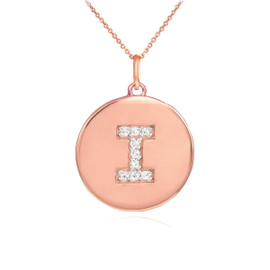 14k Rose Gold Letter "I" Initial Diamond Disc Pendant Necklace