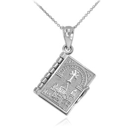 White Gold 3D Armenian Bible Pendant Necklace