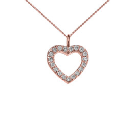 Reversible Diamond and High Polish Plain Open Heart Rose Gold Charm Dainty Pendant Necklace