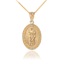 Yellow Gold St Jude Diamond Oval Small Pendant Necklace