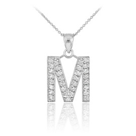 White Gold Letter "M" Initial Diamond Monogram Pendant Necklace