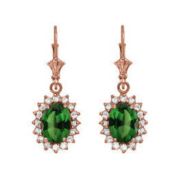 Diamond And May Birthstone (LCE) Emerald Rose Gold Dangling Earrings