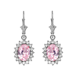 Diamond And October Birthstone Pink CZ White Gold Dangling Earrings