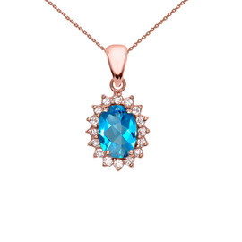 Diamond And Blue Topaz Rose Gold Elegant Pendant Necklace