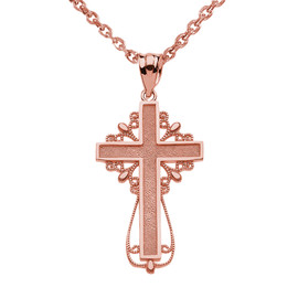 Rose Gold Latin Filigree Cross Pendant Necklace