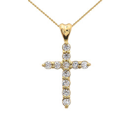 0.5 Carat Diamond Cross Elegant Yellow Gold Pendant Necklace