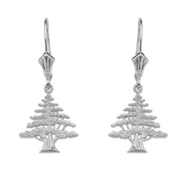 14K White Gold Lebanese Cedar Tree Earrings