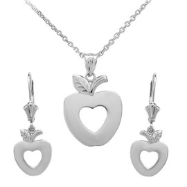 Sterling Silver Apple Heart Necklace Earring Set