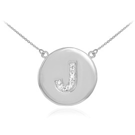 Letter "J" disc necklace with diamonds in 14k white gold.