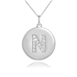 White Gold Letter "N" Initial Diamond Disc Pendant Necklace