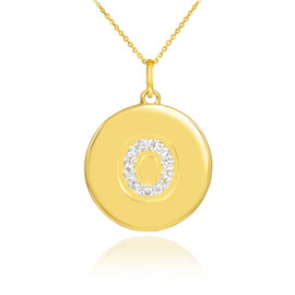 Gold Letter "O" Initial Diamond Disc Pendant Necklace