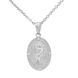 White Gold Saint Andrew Oval Medallion Diamond Pendant Necklace (Small)