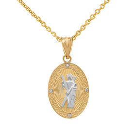 Two Tone Yellow  Gold Saint Andrew Oval Medallion Diamond Pendant Necklace (Small)