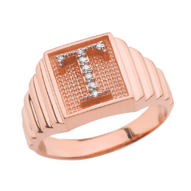 Rose Gold Diamond Initial T Ring