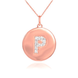 14k Rose Gold Letter "P" Initial Diamond Disc Pendant Necklace
