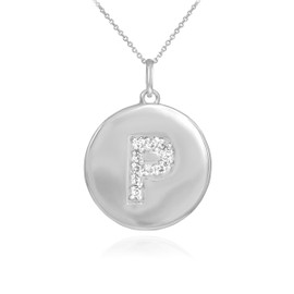 White Gold Letter "P" Initial Diamond Disc Pendant Necklace