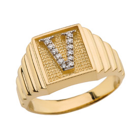 Yellow Gold Diamond Initial V Ring