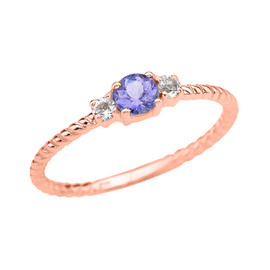 Rose Gold Dainty Solitaire Tanzanite and White Topaz Rope Design Promise/Stackable Ring