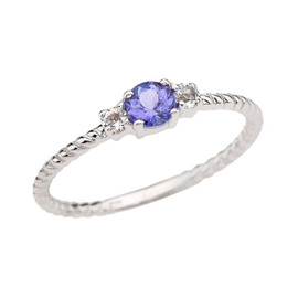 White Gold Dainty Solitaire Tanzanite and White Topaz Rope Design Promise/Stackable Ring