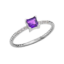 Dainty White Gold Solitaire Princess Cut Amethyst and Diamond Rope Design Engagement/Promise Ring