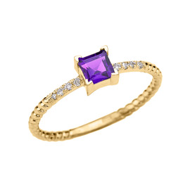 Dainty Yellow Gold Solitaire Princess Cut Amethyst and Diamond Rope Design Engagement/Promise Ring