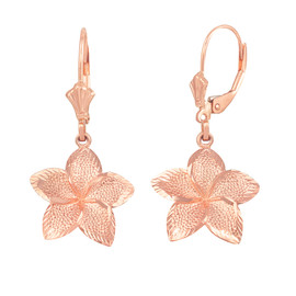 14K Rose Gold Five Petal Textured Plumeria Flower Earring Set  (Medium)