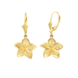 14K Yellow Gold Five Petal Textured Plumeria Flower Earring Set  (Small)
