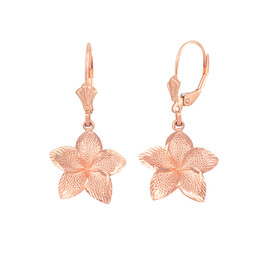 14K Rose Gold Five Petal Textured Plumeria Flower Earring Set  (Small)