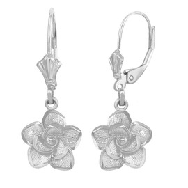 14K White Gold Rose Flower Diamond Cut Earring Set