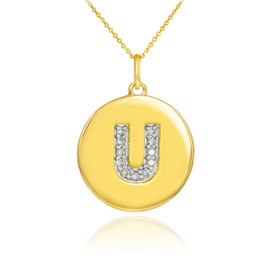 Gold Letter "U" Initial Diamond Disc Pendant Necklace