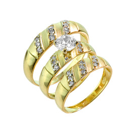 Three-Piece Gold CZ Wedding Ring Set