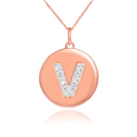 14k Rose Gold Letter "V" Initial Diamond Disc Pendant Necklace