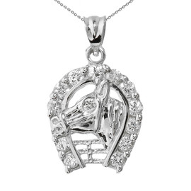 White Gold CZ Horseshoe with Horse Head Charm Pendant Necklace