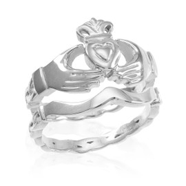 2-Piece Sterling Silver Claddagh Engagement Ring with Celtic Band