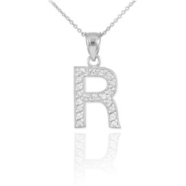 Sterling Silver Letter "R" CZ Initial Pendant Necklace
